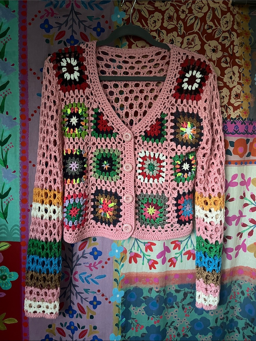 Boho Acrylic Pink Crochet Granny-Square Button Cardigan Sweater Size Small - Picture 2 of 9